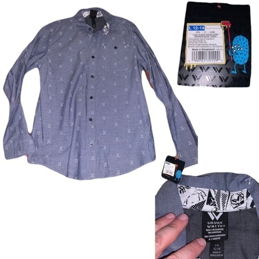 Shaun White‎ Boys' Button-Down Shirt Graphic Blue Long Sleeve L 12-14